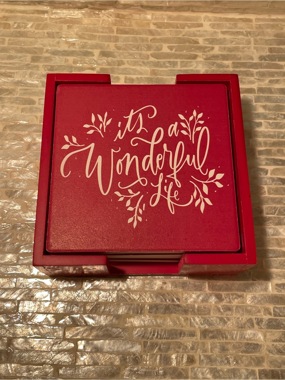 Red Decorative Coaster Set - "It's a Wonderful Life" Script